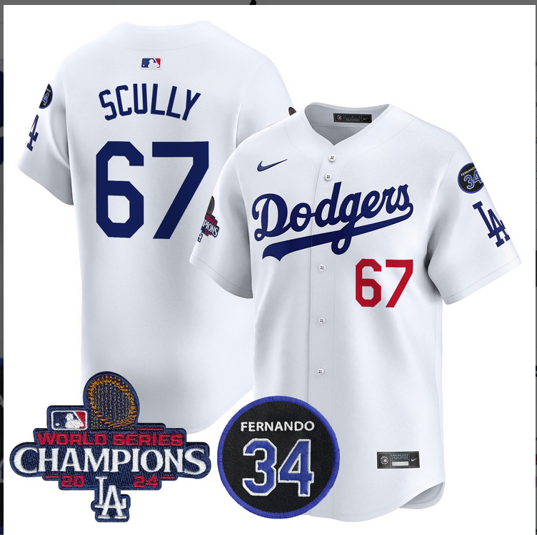 Men MLB Los Angeles Dodgers #67 Scully white 2024 World Series Champions Patch Limited Jersey->los angeles dodgers->MLB Jersey